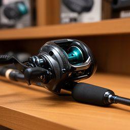 Baitcaster reel and rod on a wooden shop shelf with a low-profile profile and carbon finish