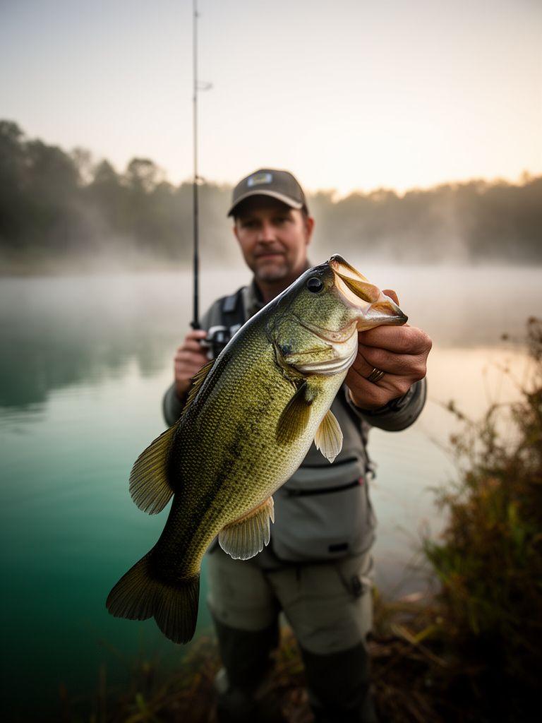 Angler holding a bass beside a Birmingham lake at sunrise with soft mist over the water