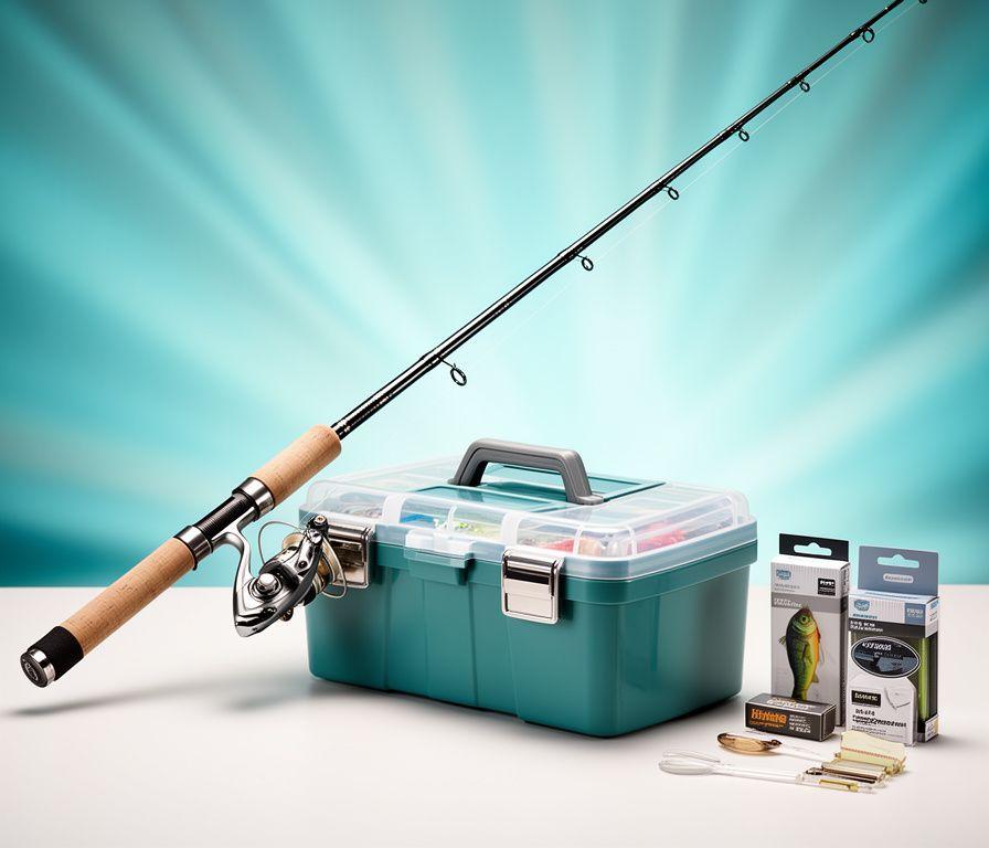 Fishing rod and tackle box arranged on a soft radial backdrop inside a bright Birmingham tackle shop