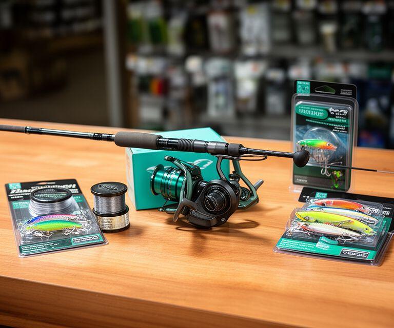 Rod and reel combo displayed on a wooden counter beside line spools and lure packs