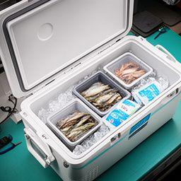 Insulated live bait subscription box packed with fresh bait containers and ice pack on a shop workbench