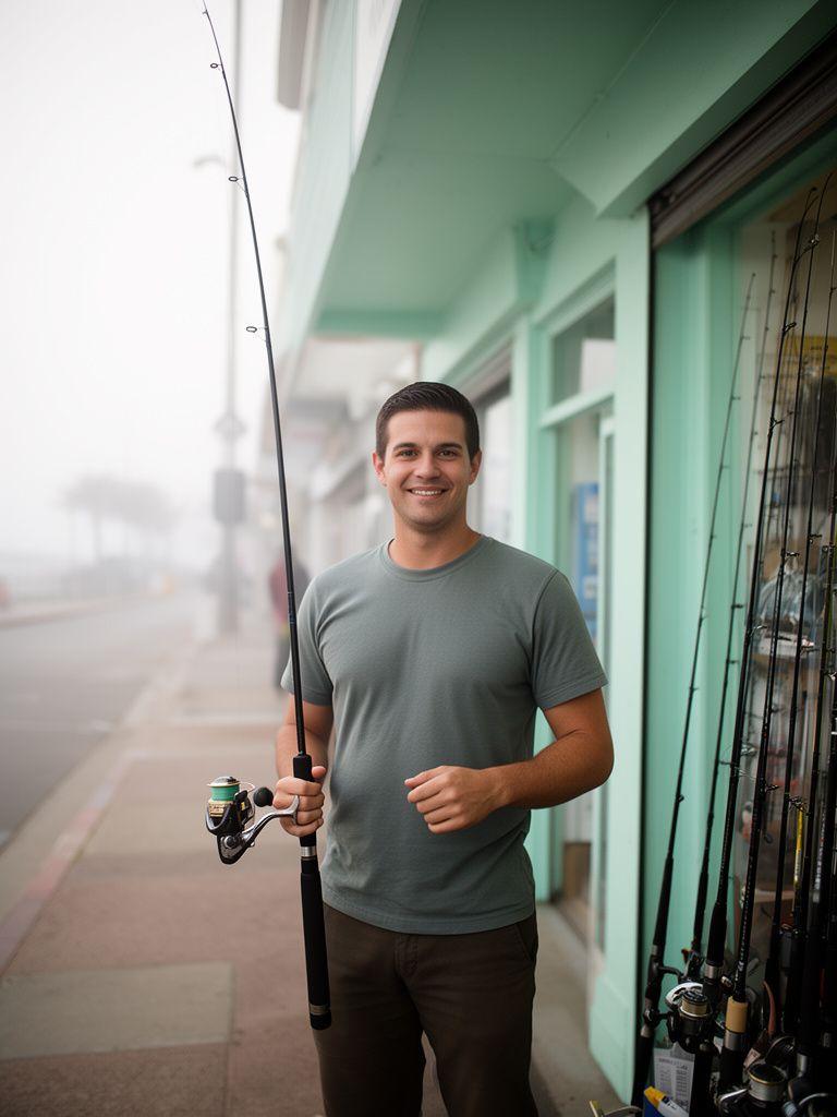 Staff member standing outside the Cahaba Road storefront with fishing rods and a calm Birmingham streetscape behind them