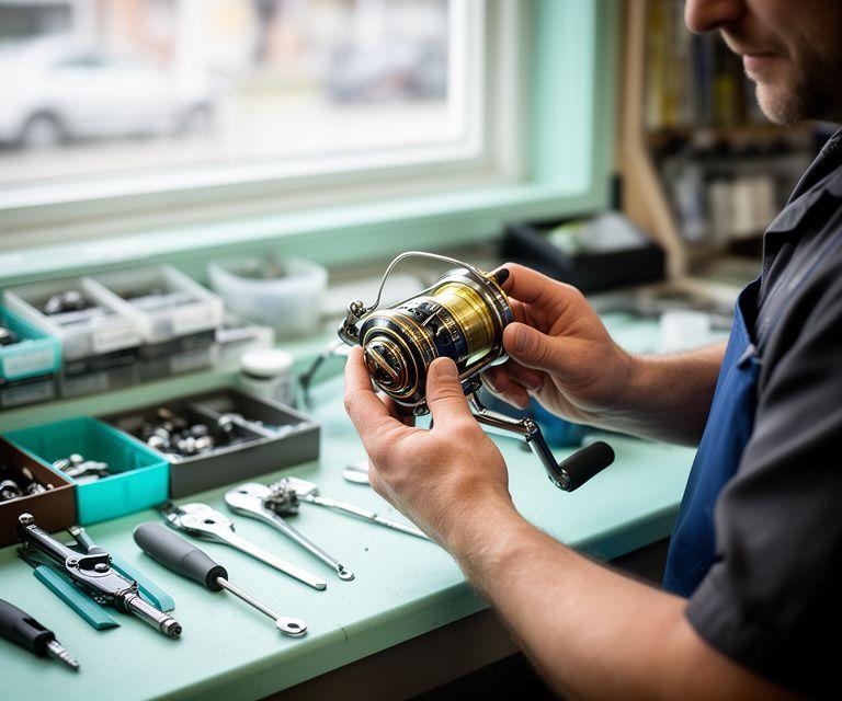 Technician carefully servicing a fishing reel on a clean workbench in a Birmingham tackle shop