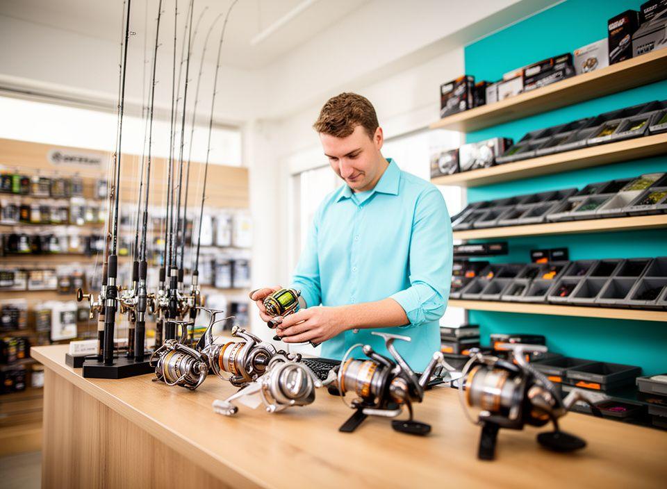Angler checking premium fishing gear in a bright tackle shop with rods, reels, and neatly stacked accessories