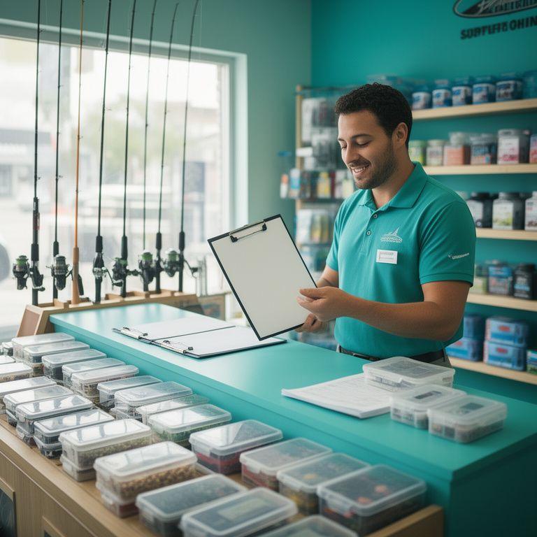 Fishing shop counter with neatly arranged rods, tackle boxes, and a cashier reviewing an order in a bright Birmingham storefront